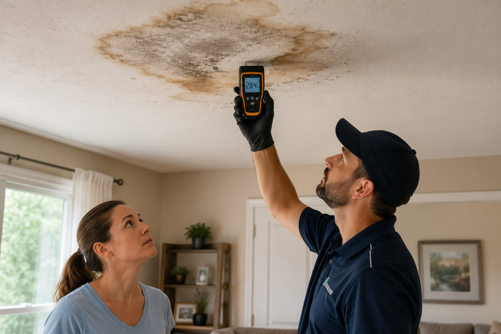 Water damage restoration technician inspecting a ceiling stain for hidden mold and moisture.