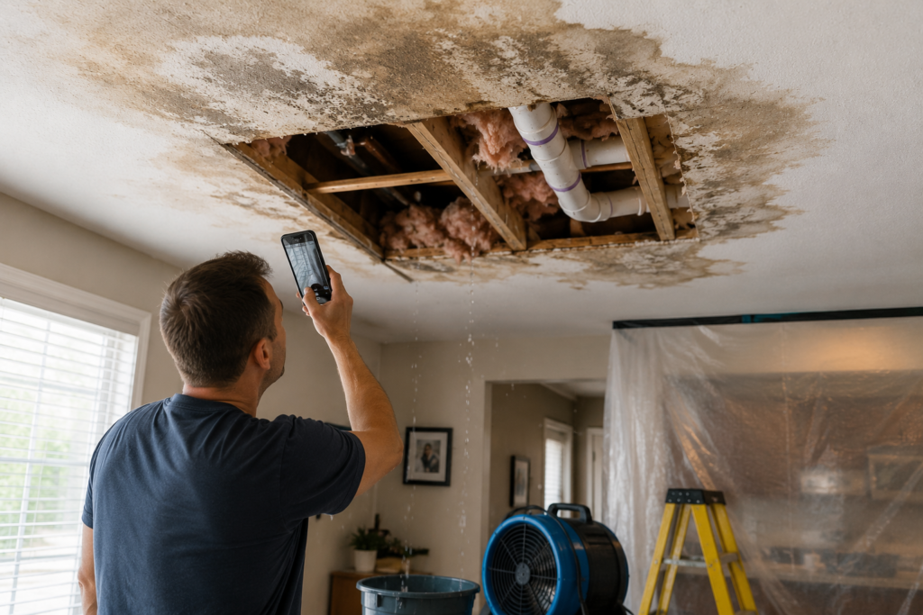 Homeowner documenting severe ceiling water damage with exposed insulation, active leaks, and professional drying equipment during water damage restoration.